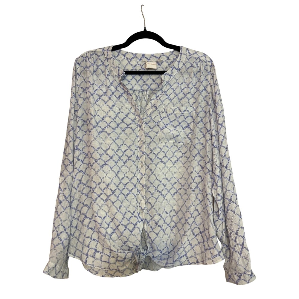 Zac & Rachel Blue White Leaf Print Tie Front Button‎ Down Blouse Top Large L